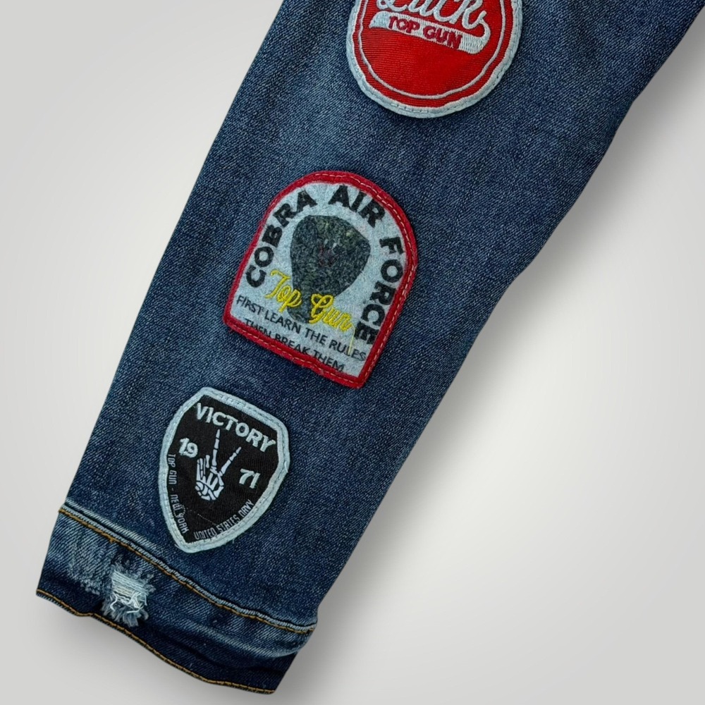 Denim Bomber Jacket with Embroidered Jaguar and Flag Patch - Picture 4 of 11